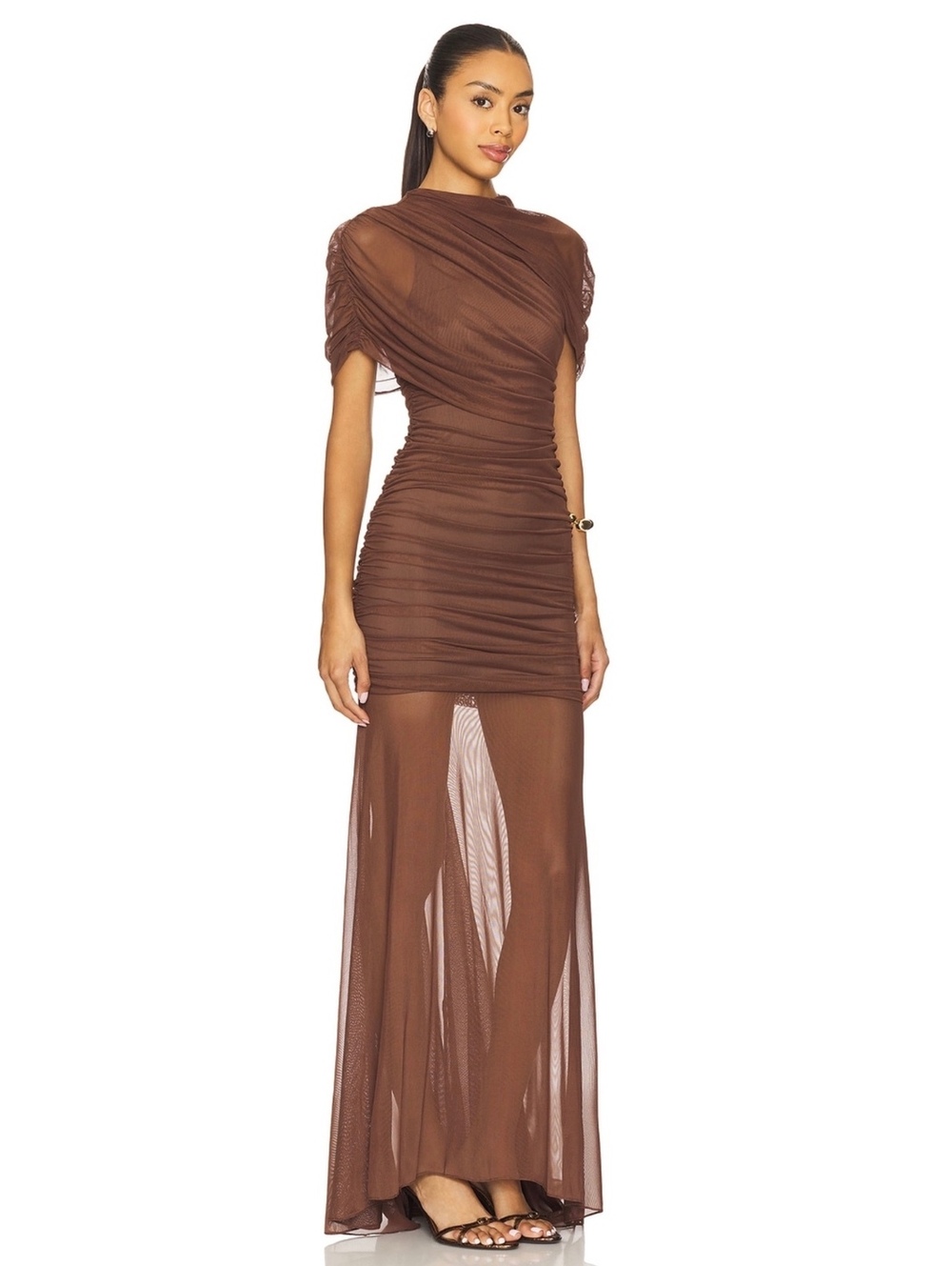 Revolve Amanda Uprichard Evianna Mesh Gown Chocolate Brown Ruched Maxi Dress S